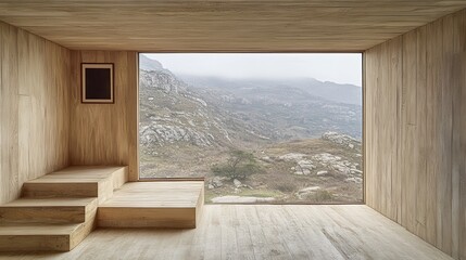 Mountain view wooden cabin interior steps