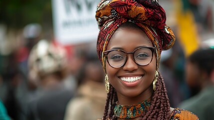 Smiling African woman wearing traditional clothing and headwrap at an outdoor gathering