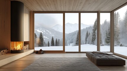 Fototapeta premium Cozy minimalist living room with fireplace and stunning snowy mountain view.
