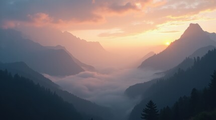 Obraz premium Mystical sunrise in a mountain landscape, with mist covering the peaks and soft sunlight illuminating the ridges in golden and pink hues.