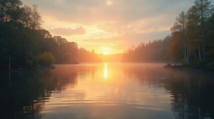 Fototapeta premium Sunset over a peaceful lake on the longest day of the year, with golden reflections on the water and a soft pastel-colored sky.