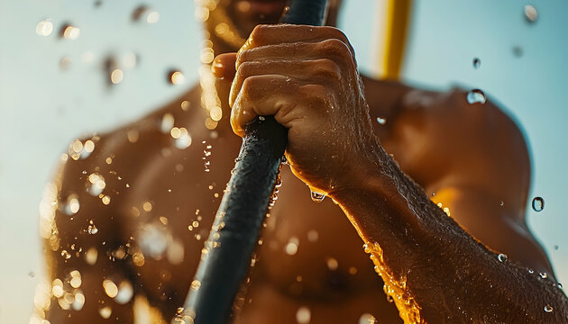 Man paddles kayak, splashing water, sunny day