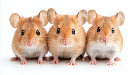 Three Adorable Light Brown Mice on White Background
