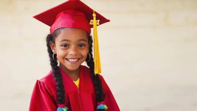 L&auml;chelndes afroamerikanisches M&auml;dchen im roten Graduierungsoutfit mit Abschlusshut und Z&ouml;pfen