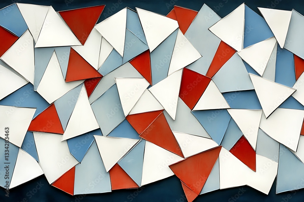 Poster dynamic arrangement of red, white and blue triangles creating abstract design