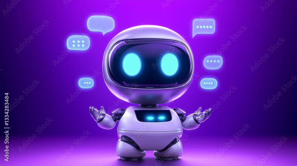 Poster Cute robot chatting with speech bubbles showing artificial intelligence