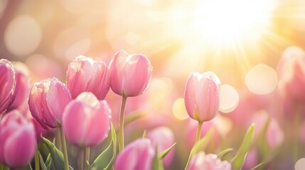 Sunlit Pink Tulips in a Field: A Springtime Delight