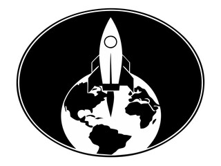 Rocket launching from Earth, symbolic design, black and white, copy space