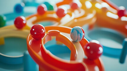 Marble Run Dynamics: A vibrant, eye-catching shot of a marble run in motion, showcasing colorful marbles navigating a playful array of tracks and curves. The image encapsulates the fun, energy.