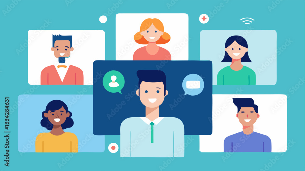 Poster focus group video call multiple professionals engaged in a video conference call discussing product 