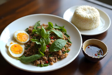 Stir-fried minced pork with holy basil, served with a fried egg with white edges and white rice on a white plate on a brown wooden table.