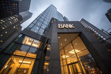 urban bank building with elegant architecture and glowing entrance sign
