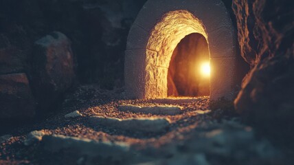 Soft-focus 3D render of an empty tomb with glowing light shining from within, symbolizing resurrection, hope, and new beginnings, perfect for Easter or spiritual themes.
