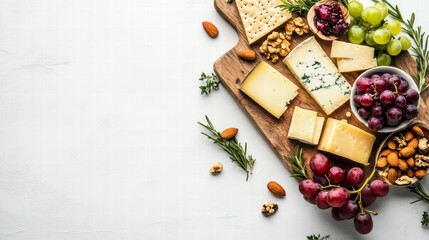 Gourmet Cheese Board Delight: An enticing arrangement of artisanal cheeses, accompanied by a selection of gourmet crackers, fresh grapes, and nuts, arranged artfully on a wooden board