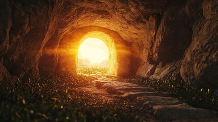 Soft-focus 3D render of an empty tomb with glowing light shining from within, symbolizing resurrection, hope, and new beginnings, perfect for Easter or spiritual themes.
