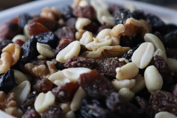 Mixed nuts. Hazelnuts, peanuts, raisins, walnuts