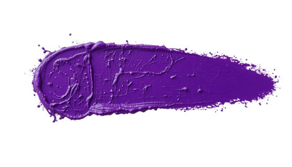 Fototapeta premium Purple paint brush stroke. The surface appears rough and expressive, capturing the flow of paint, smooth glides and rough edges where the bristles lifted. The vivid purple hue is striking & saturated