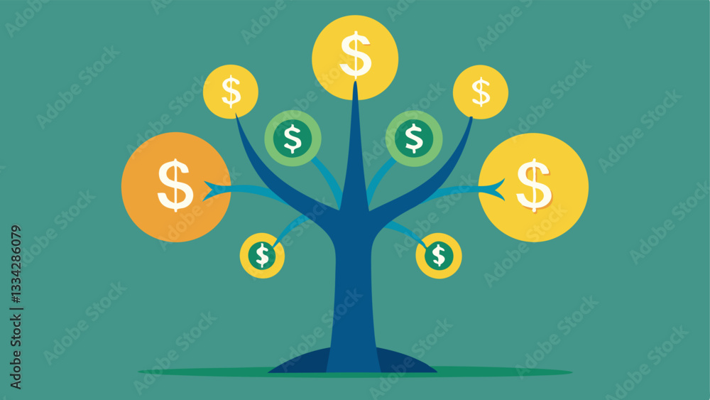 Poster financial growth tree a tree made up of various currency symbols sprouting from a solid trunk labele