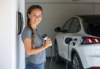EV Charging with a Smile: A young woman, beaming with joy, holds a charging cable next to an electric vehicle, embodying modern sustainability in a garage setting.