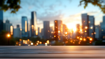 Fototapeta premium Futuristic urban center powered by ai downtown skyline digital art evening glow wide-angle view innovation and technology