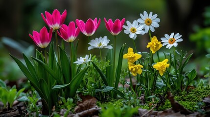 Fototapeta premium Vibrant Spring Flowers: A Symphony of Tulips, Daisies, and Daffodils