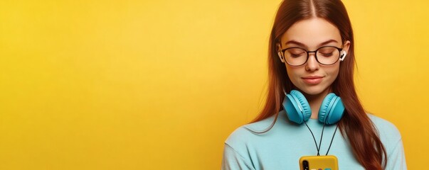 A young woman looking down with her phone and headphones