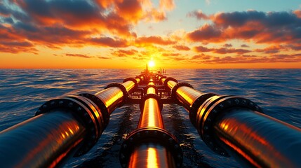 Underwater Pipelines at Sunset Golden Hues Reflecting on Dark Blue Ocean