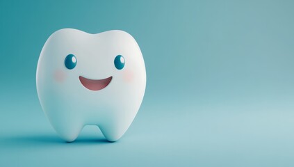 A cute, smiling tooth character on a light blue background.