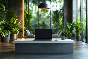 Fototapeta premium Modern office interior with open plan layout, sleek furniture, and natural lighting