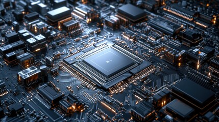 Intricate Electronic Circuit Board Design with Components and Light