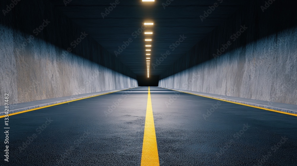 Poster a dimly lit tunnel with a yellow line on the asphalt, creating a sense of depth and perspective, lea