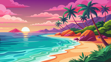 secluded tropical beach with crystal-clear turquoise waters, golden sands, and gentle waves lapping against the shore under a pink-hued sunset.