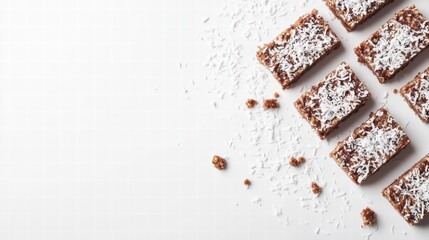 Delicious Coconut Brownies: An overhead shot of a delectable spread of coconut brownies, dusted with shredded coconut, inviting a moment of sweet indulgence.