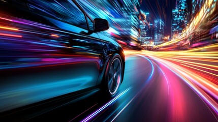 Fototapeta premium Autonomous Car with Dynamic Light Trails A close-up of a sleek autonomous car on a futuristic road.
