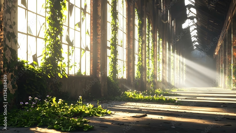 Poster an abandoned building with sunlight streaming through large windows, surrounded by overgrown vines a