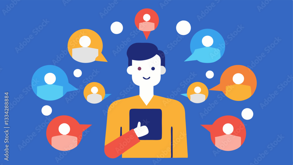 Poster follower influence an illustration of a person with a large number of followers on social media shar