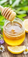 Golden honey drips from a wooden dipper into a glass jar, surrounded by fresh lemon slices and wildflowers, creating a natural and organic aesthetic.  
