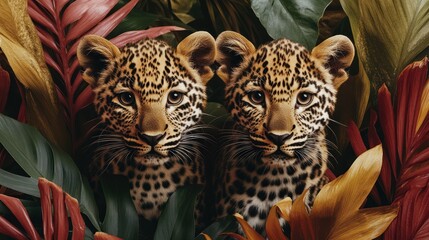 Fototapeta premium Two leopard cubs nestled amongst vibrant tropical foliage.
