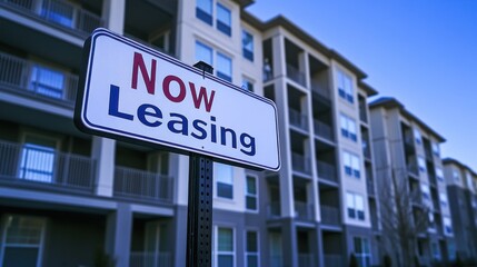 Obraz premium Modern Apartment Complex with Now Leasing Sign Beckoning Prospective Renters