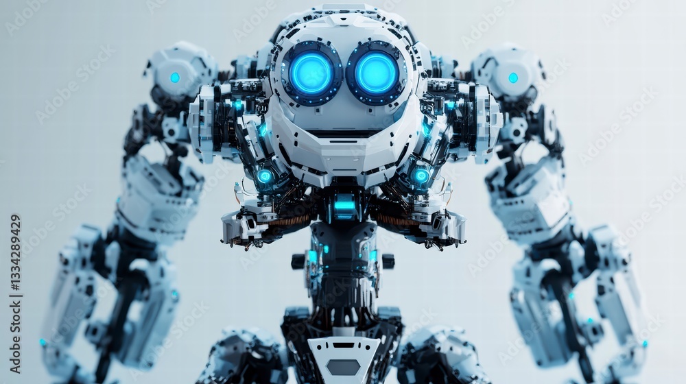 Poster futuristic sentinel: a close-up view of a highly detailed, advanced robot with glowing blue eyes and