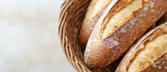 Fototapeta premium Close-up of a basket of freshly baked French bread. Wicker basket with crusty baguette.
