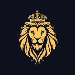 Vector logo of a lion's head with a crown on a shield, in gold color on a dark blue background