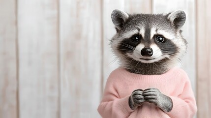 Obraz premium Charming raccoon in pink sweater cozy indoor studio photography with whimsical appeal