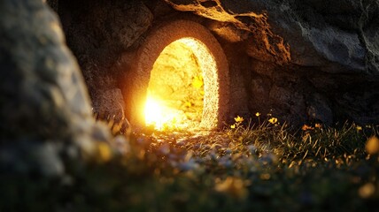 Soft-focus 3D render of an empty tomb with glowing light shining from within, symbolizing resurrection, hope, and new beginnings, perfect for Easter or spiritual themes.
