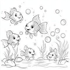 Fototapeta premium Underwater friends: A cheerful illustration depicts a collection of smiling goldfish swimming amidst gentle bubbles and aquatic plants, creating a playful and inviting aquatic scene.