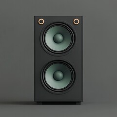 Black vertical stereo speaker with two woofers and gold accents on a gray background.