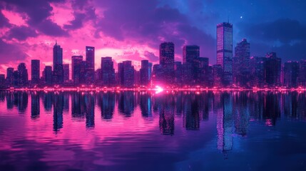Fototapeta premium Vibrant cityscape reflected in calm water at sunset.