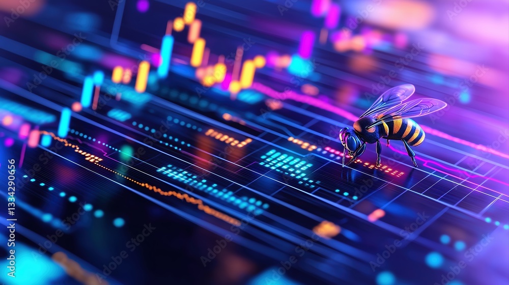Aufkleber bee analyzing global financial charts with fluctuating data in a colorful digital environment