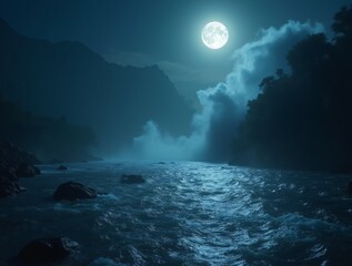 The holy river Ganga on the night of Maha Shivratri. Moonlight reflects on the water