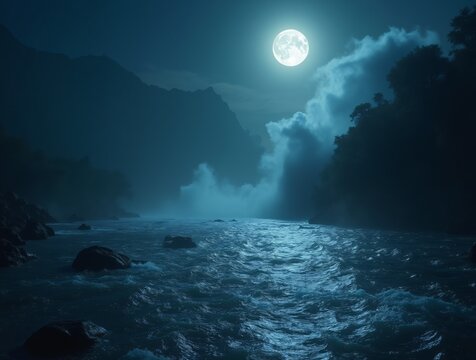The holy river Ganga on the night of Maha Shivratri. Moonlight reflects on the water